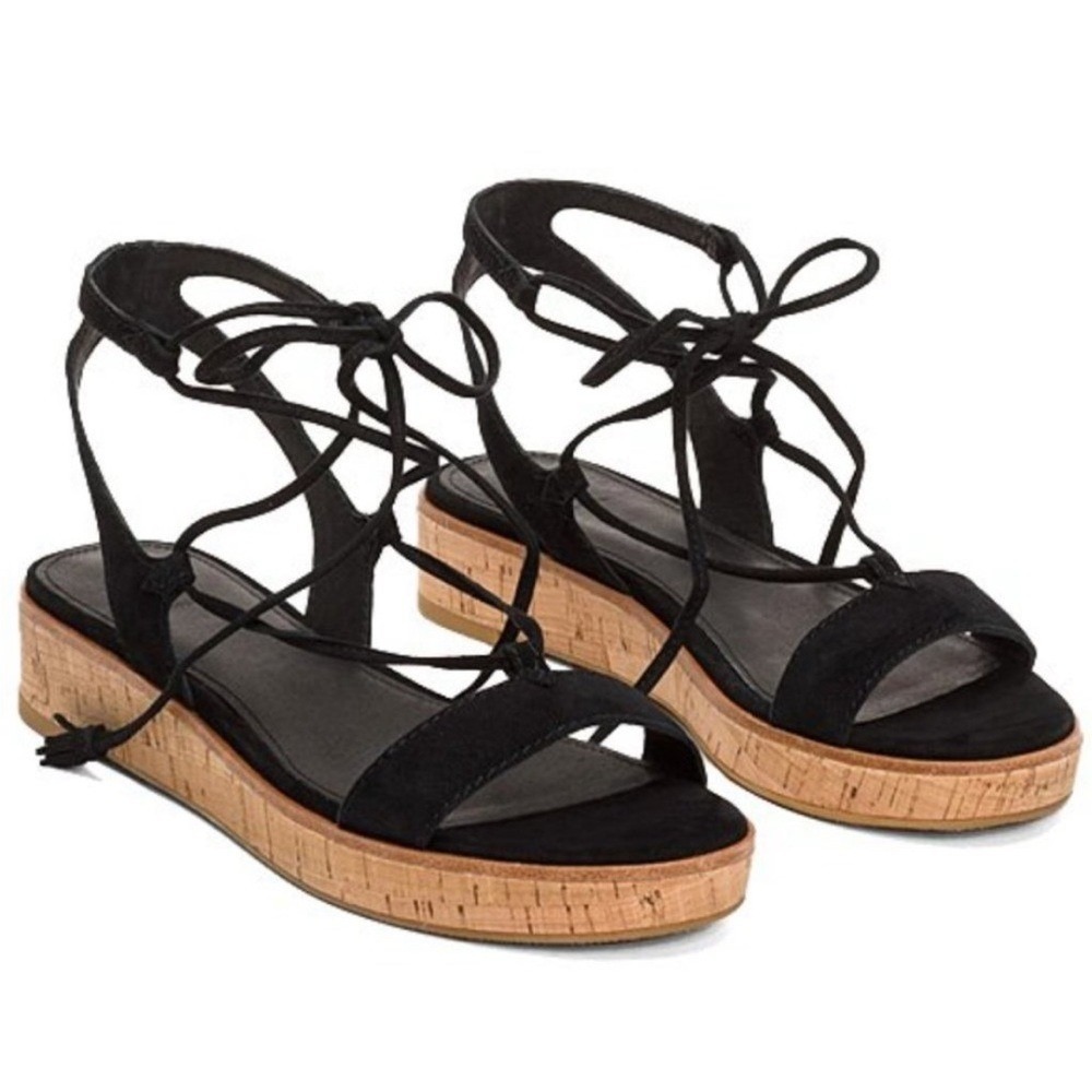 Frye Miranda Suede Lace Up Cork Platform Wedge Gladiator Sandals Black Size 8
